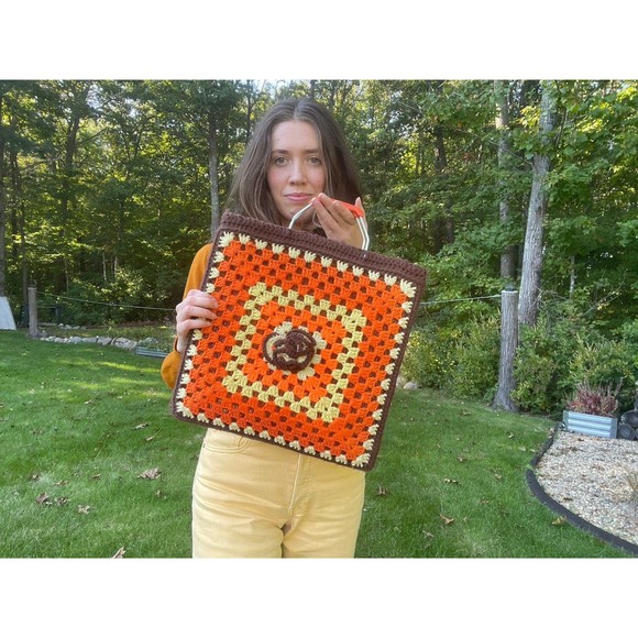 Vintage Large 15” Crochet Brown and Orange Bag - Picture 3 of 8